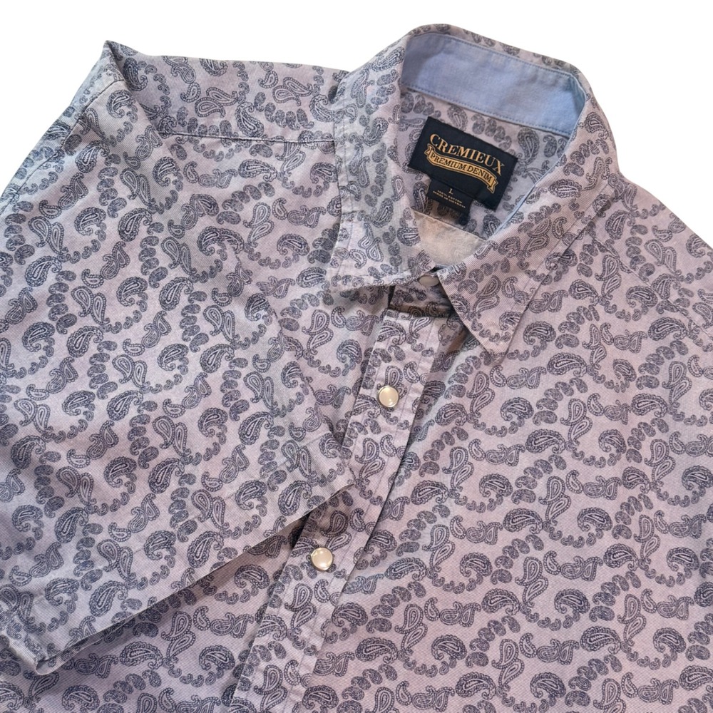 Cremieux Button Down‎ Shirt Mens L Blue Paisley Short Sleeve Pearl Snap Western